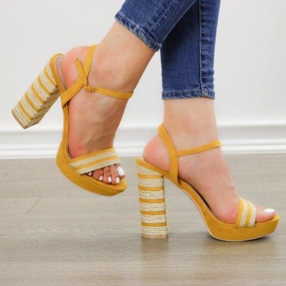 Espadrille Heel Yellow Open Toe Platform Sandal - Picture 6 of 11